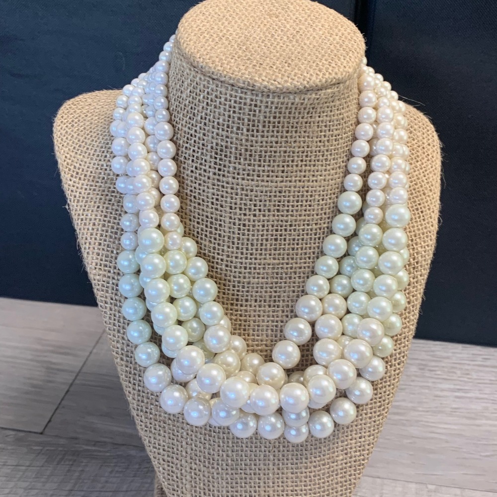 Lia Sophia Multi Strand Faux Pearl Bib Necklace Silver Tone Cream Statement